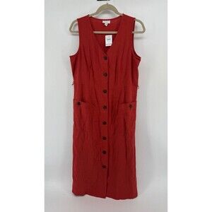 J Jill Red Linen Blend Dress Long Button Front Sleeveless Womens M BELT MISSING